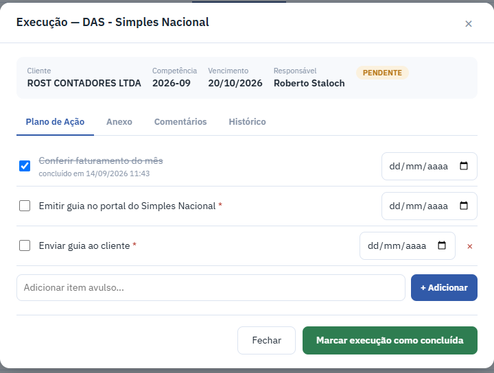 Execução de uma obrigação com checklist, anexo e comentários